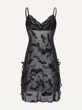 {NEW} Sheer Black Lace-Trim Slip Nightdress - Bat Print Medium